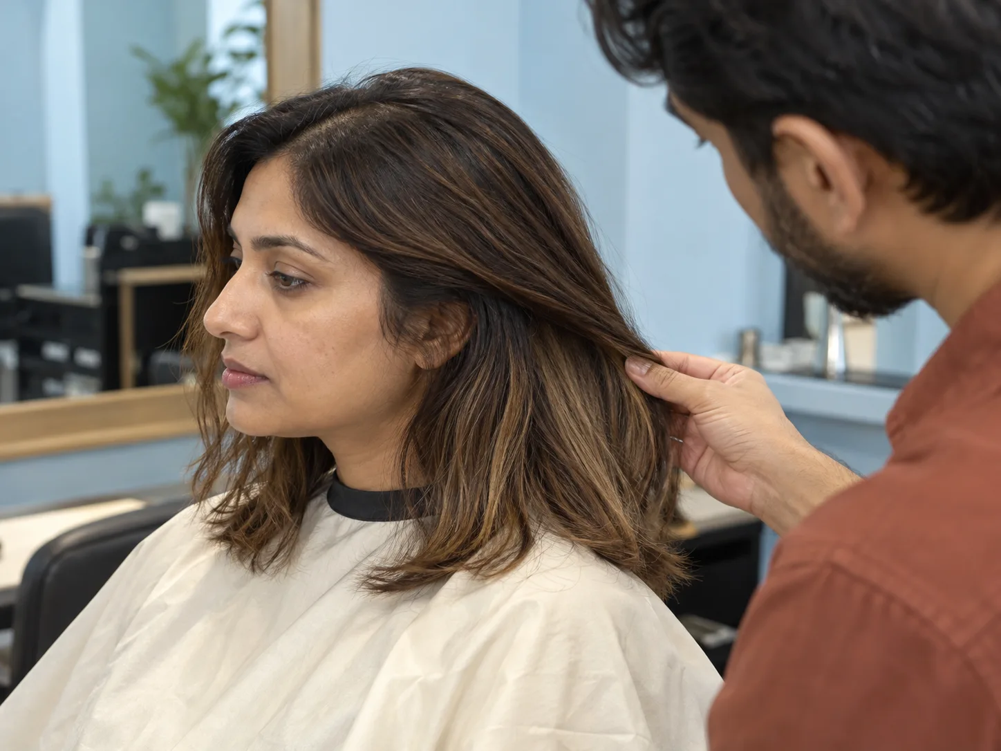 Friseur begutachtet eine ältere hellere Unterhaarpartie im schulterlangen braunen Haar einer erwachsenen Kundin
