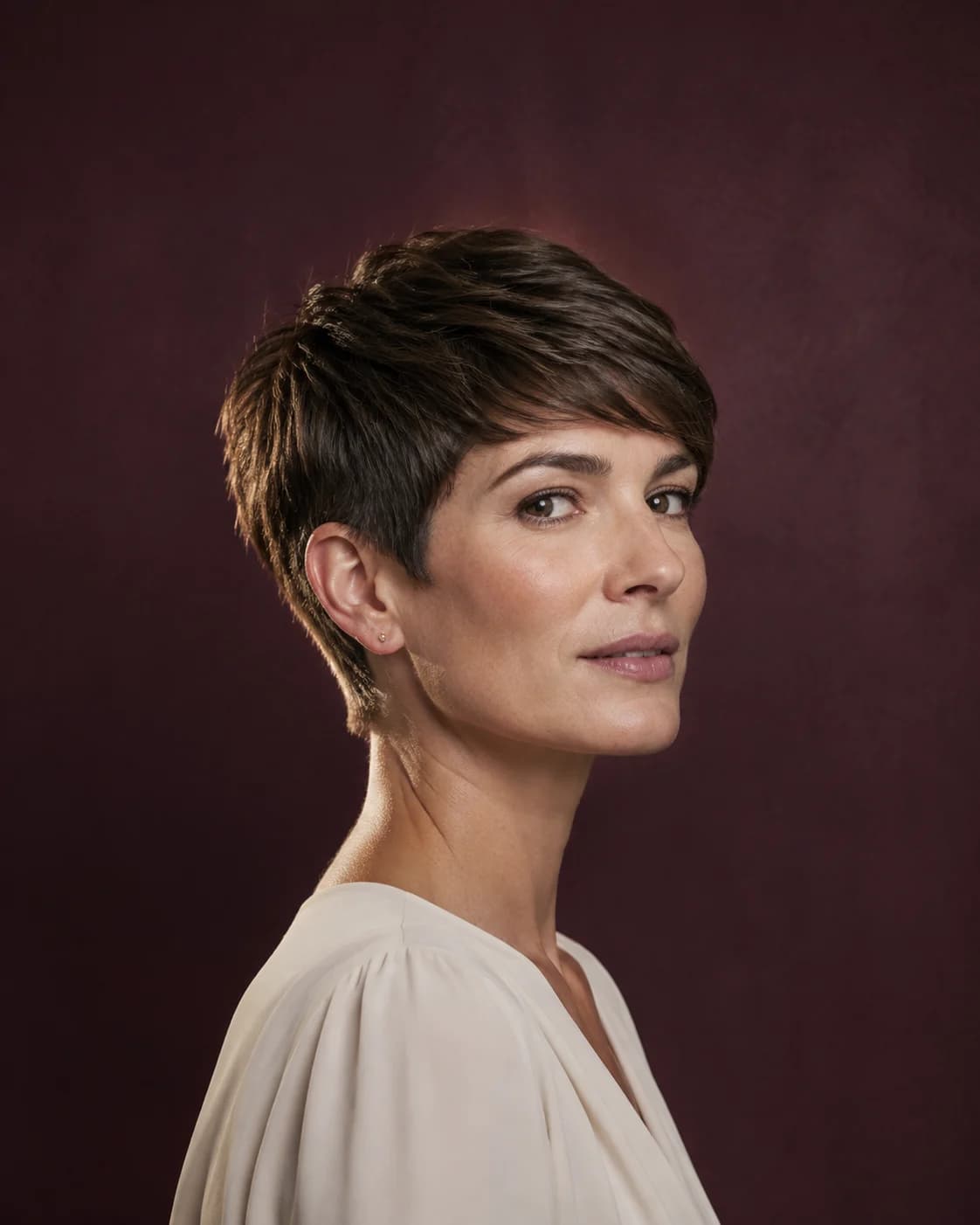 Long pixie haircut with a sculpted short silhouette