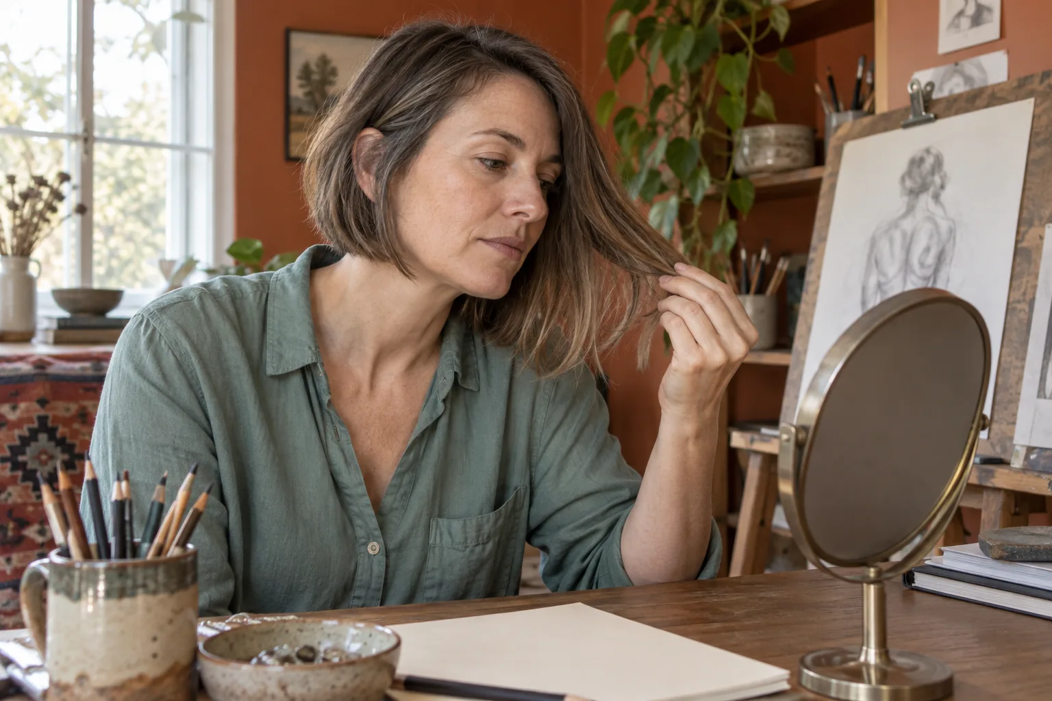 Adult gently holding the longer ends of an ash-brown bob beside a tabletop mirror in a home art workspace
