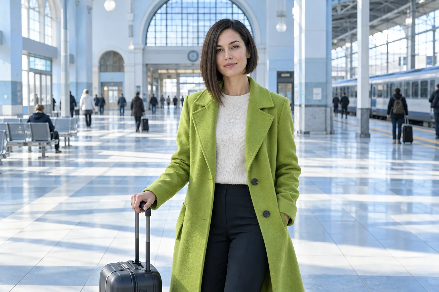 Adult with a dark asymmetrical bob and lime coat holding a suitcase in a bright blue railway concourse