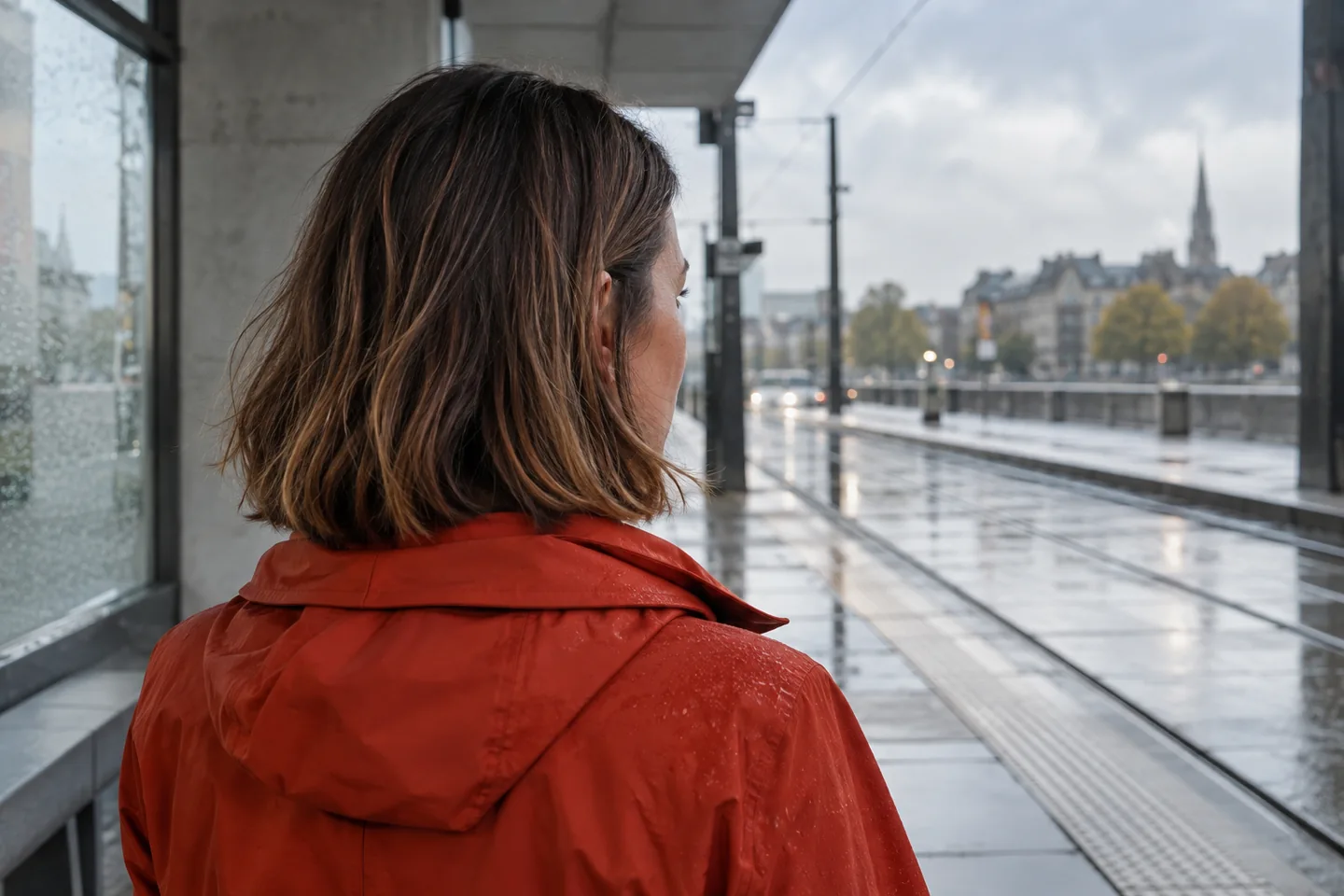 Rear three-quarter view of a brunette collarbone lob with muted lighter ribbons above a rust-red rain jacket at a tram shelter