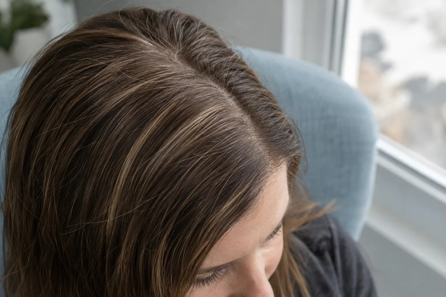 Close view of a brown part with narrow beige strands and darker strands between them beside a powder-blue chair