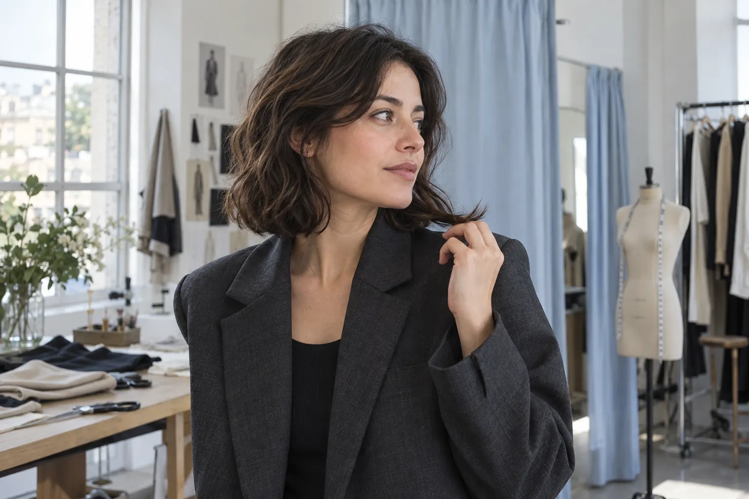 Voksen med udvokset, bølget page, der løfter en spids fri af blazerens krave i et skrædderværksted