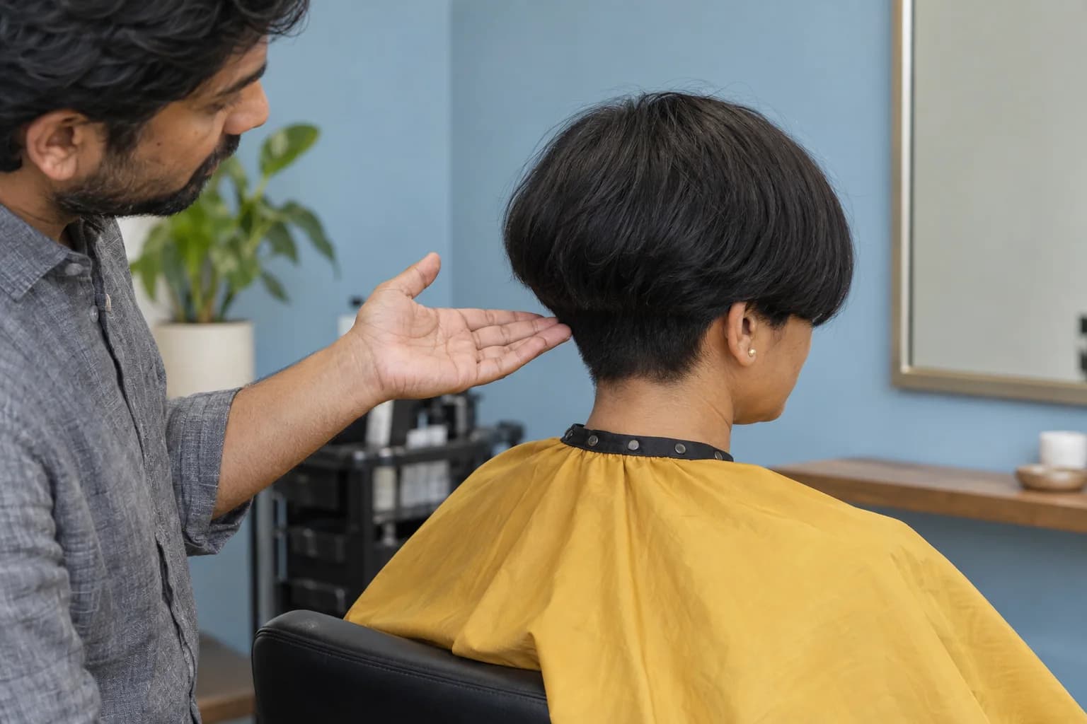 Coiffeur indiquant le contour arrière du dessus arrondi chez une cliente adulte portant une cape jaune moutarde