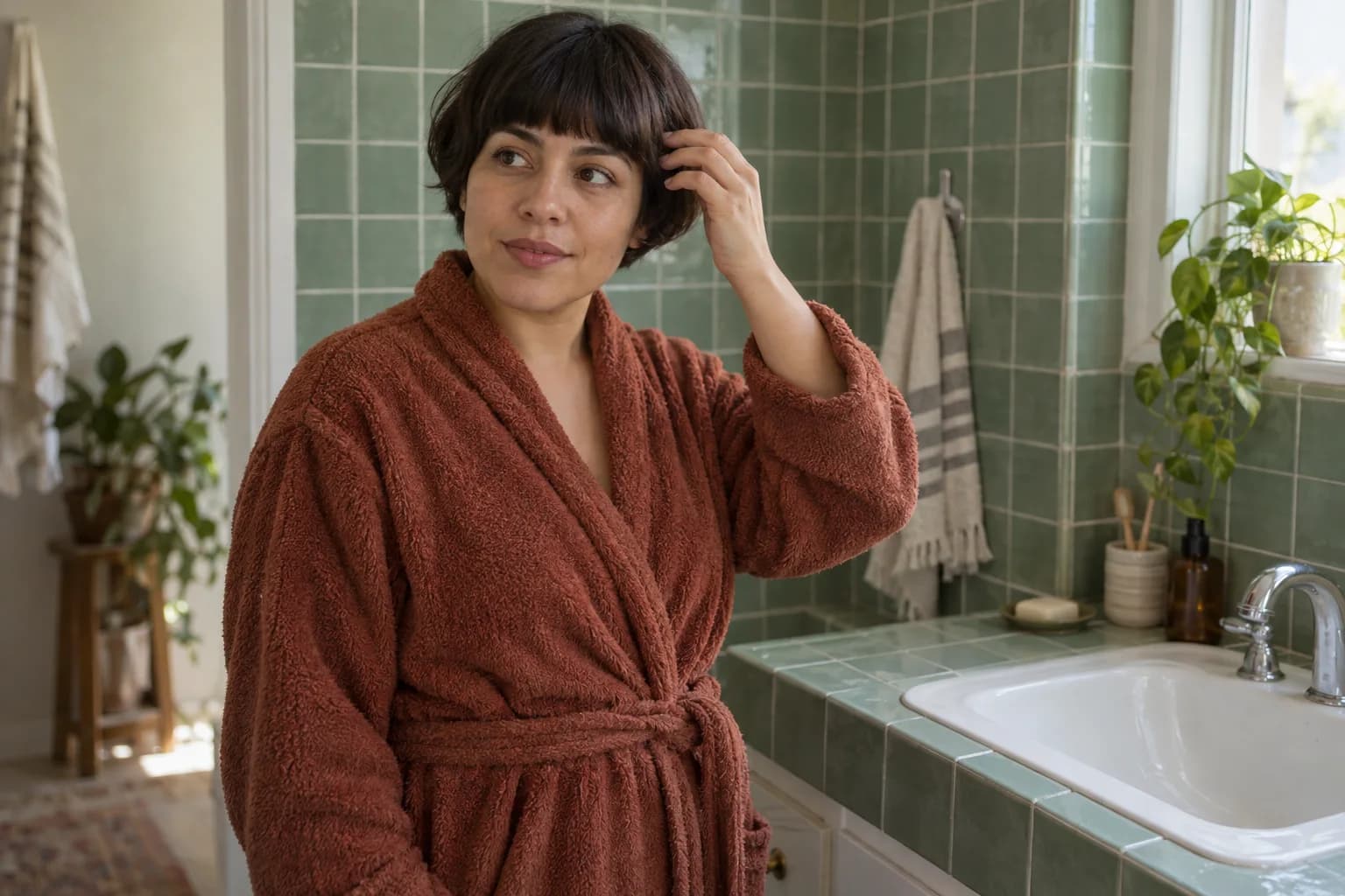 Femme adulte avec une coupe au bol brune souple qui replace sa frange dans une salle de bains carrelée de vert