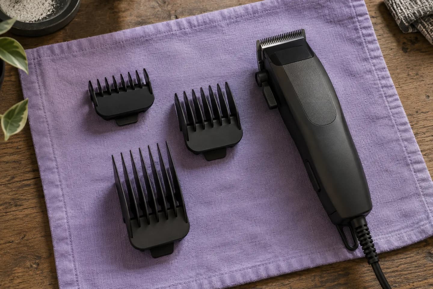 Drei unbeschriftete schwarze Aufsteckkämme unterschiedlicher Tiefe und ein ausgeschalteter Haarschneider auf fliederfarbenem Stoff