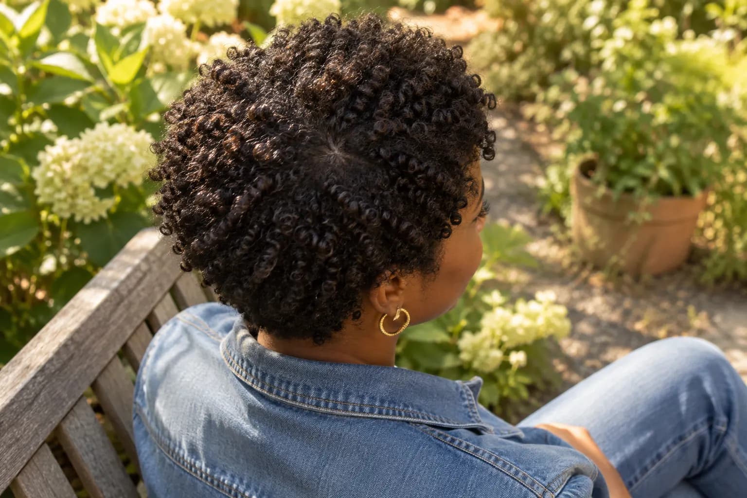 Adult with short natural curls photographed from above to show crown growth and volume