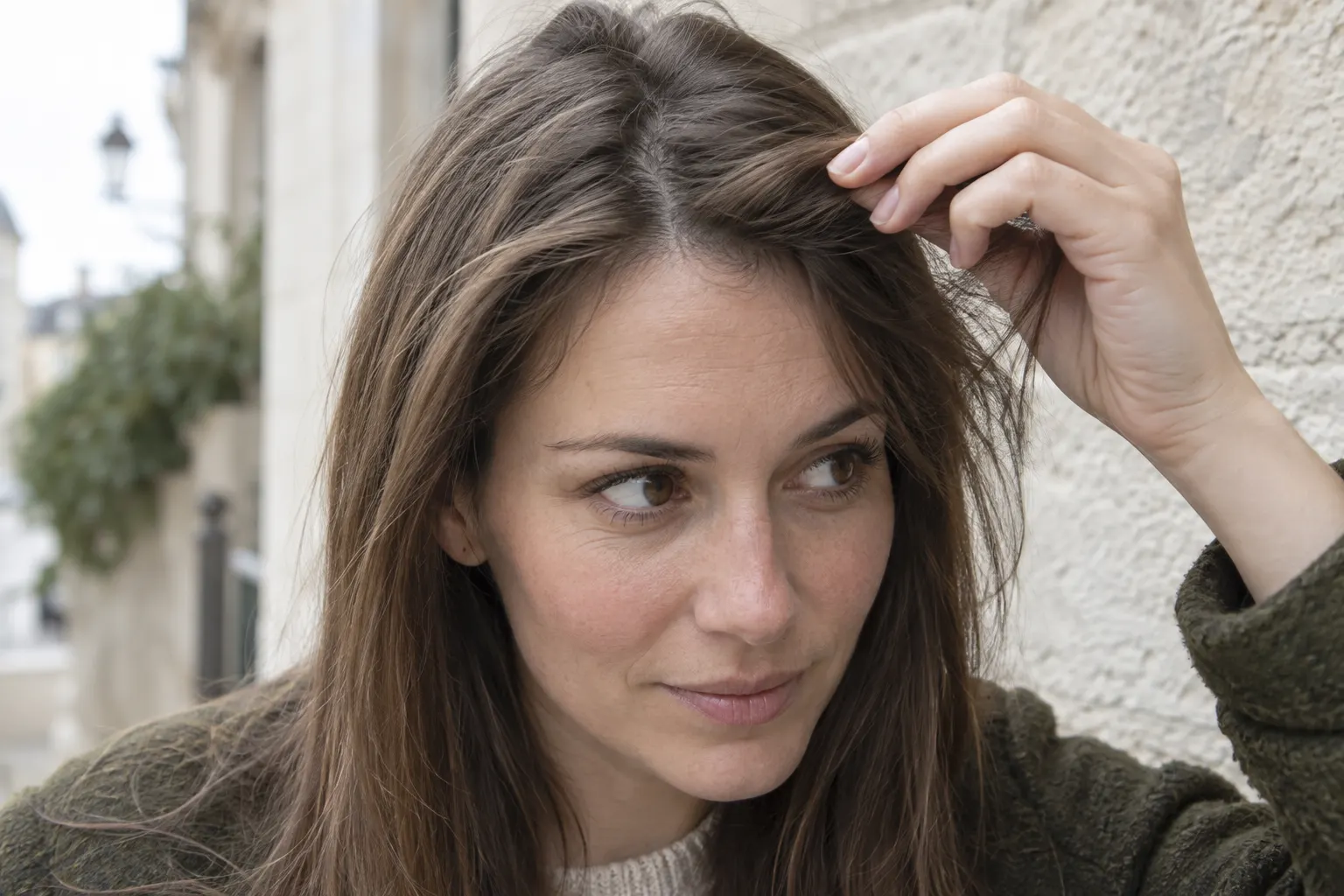 Adult lifting a straight front section to reveal a natural change of direction at the hairline