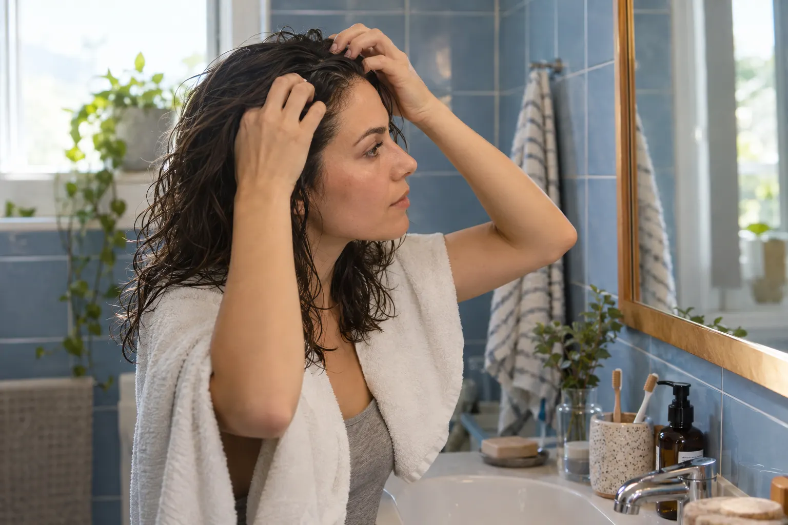 Adult with damp wavy hair guiding the roots near the forehead with her fingers in a blue-tiled bathroom