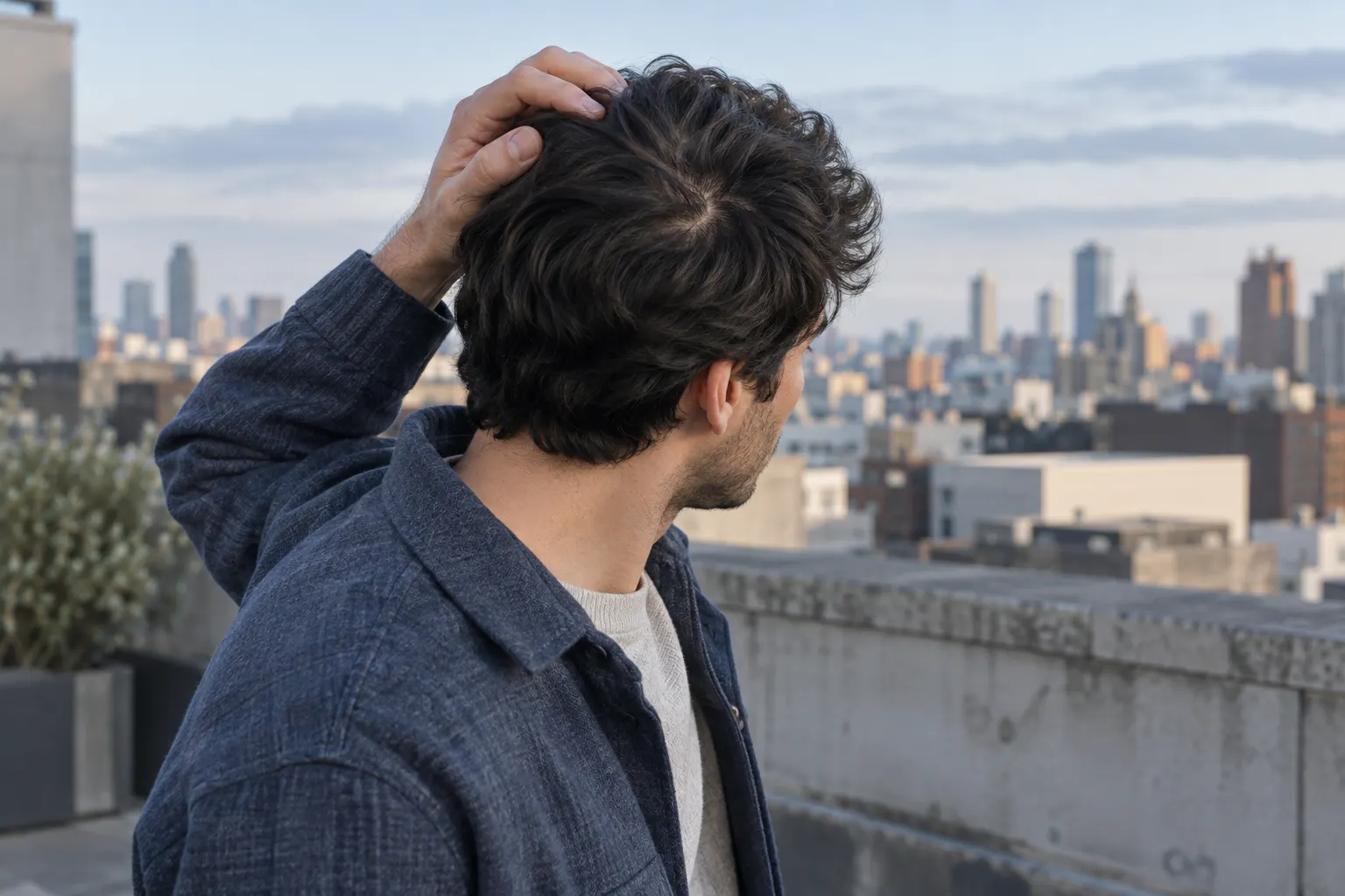 Adult on a rooftop lifting dark textured hair to show the natural whorl at the crown