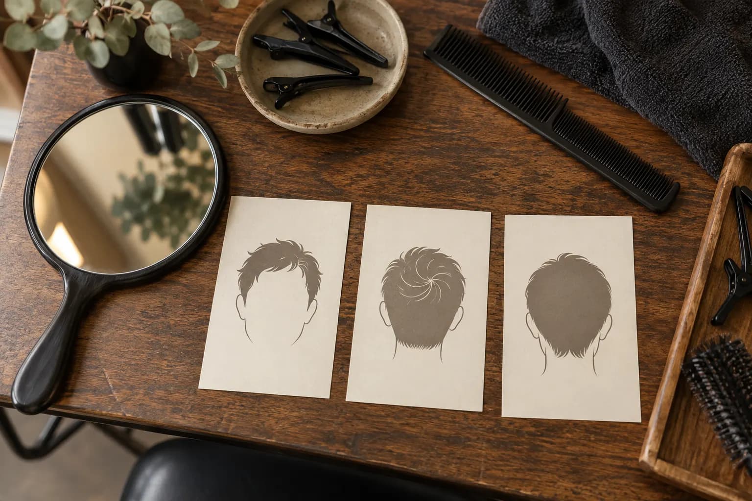 Top-down salon planning table with a mirror, comb, clips and three unlabelled haircut silhouette cards