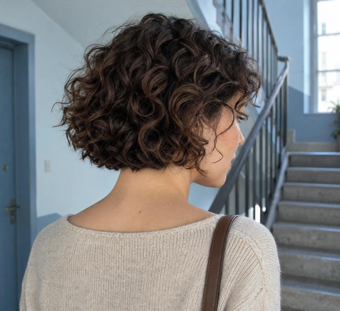 Schuin achteraanzicht van een volwassen vrouw met een natuurlijke krullende bob tot bij de kaak