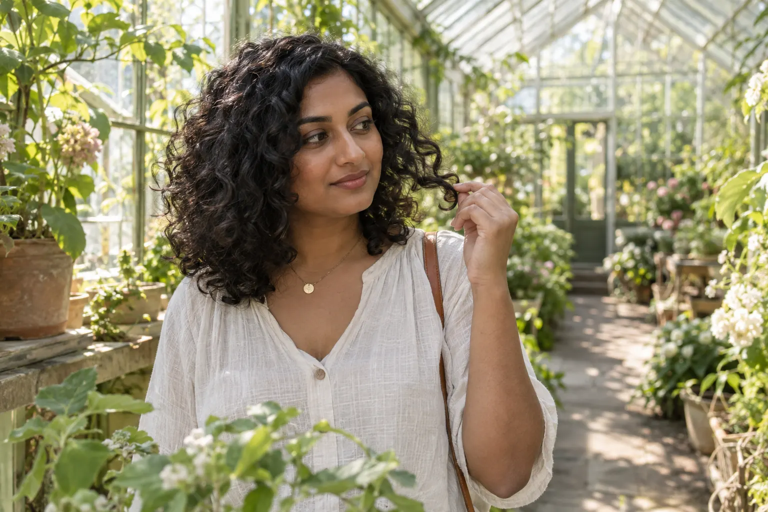 Volwassen vrouw met volle natuurlijke krullen bekijkt in een lichte kas hoe een voorste krul bij haar kaak valt