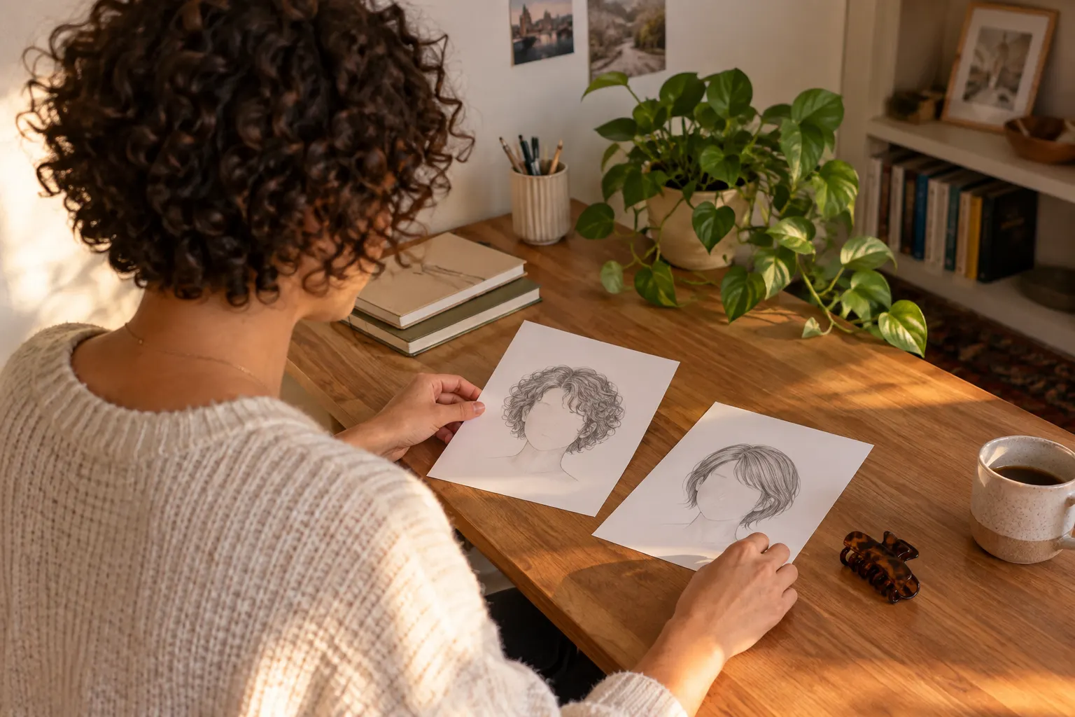 Volwassen vrouw met kort krullend haar vergelijkt twee onbeschreven kapselschetsen aan een houten tafel