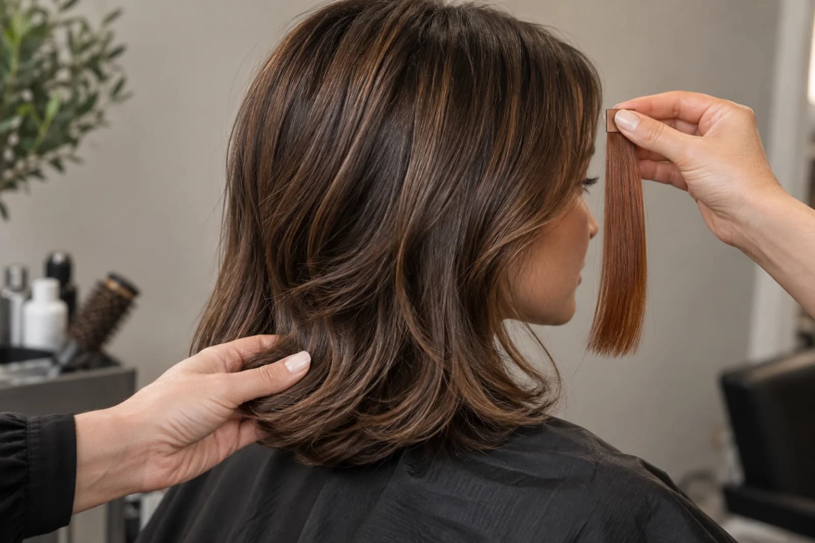 Detalle de un corte a la clavícula terminado junto a un mechón cobrizo