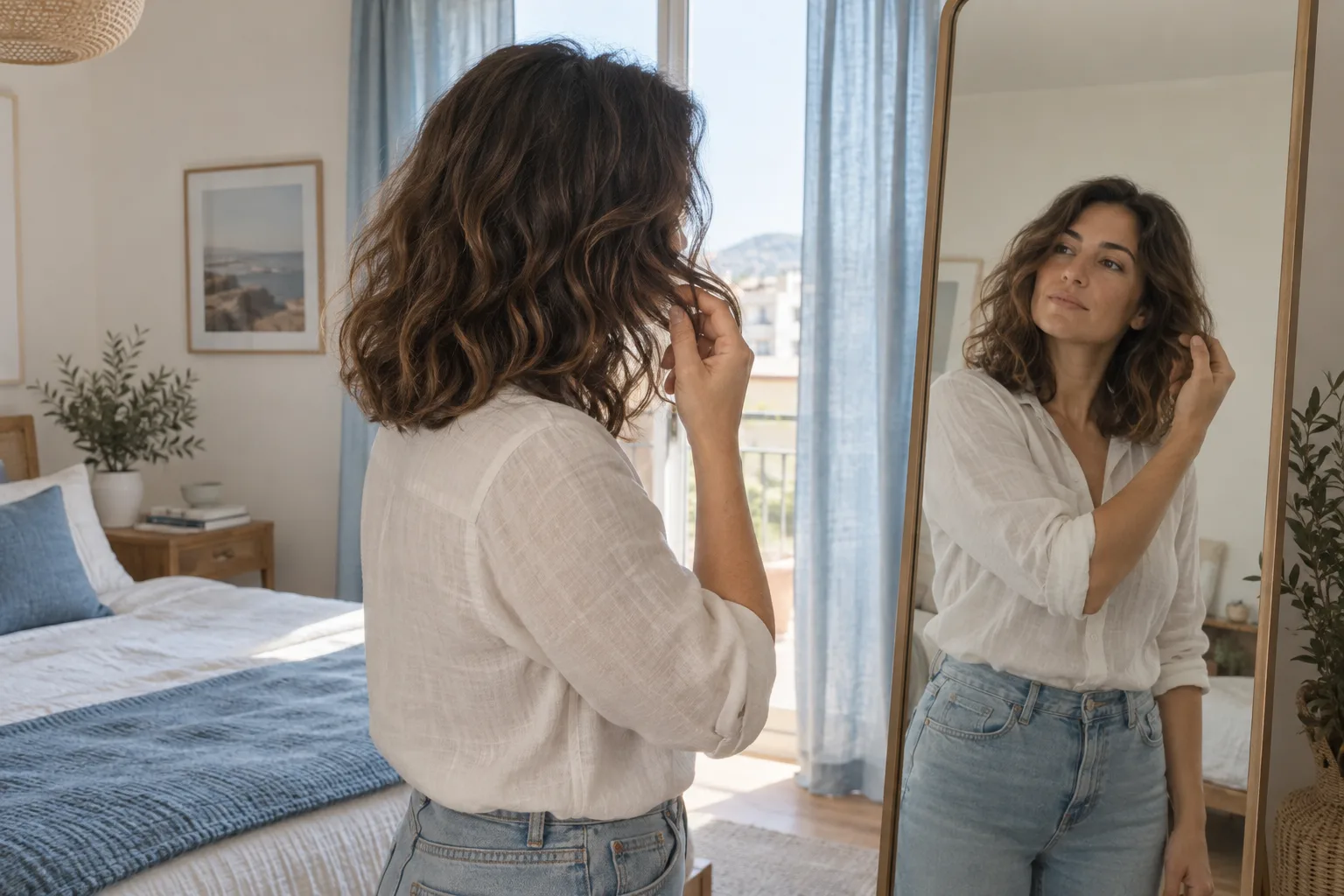 Una donna adulta osserva allo specchio come cade una ciocca mossa asciugata all’aria