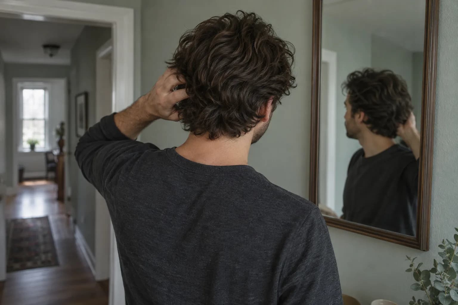 Un uomo adulto controlla allo specchio il profilo posteriore dei capelli mossi asciugati all’aria