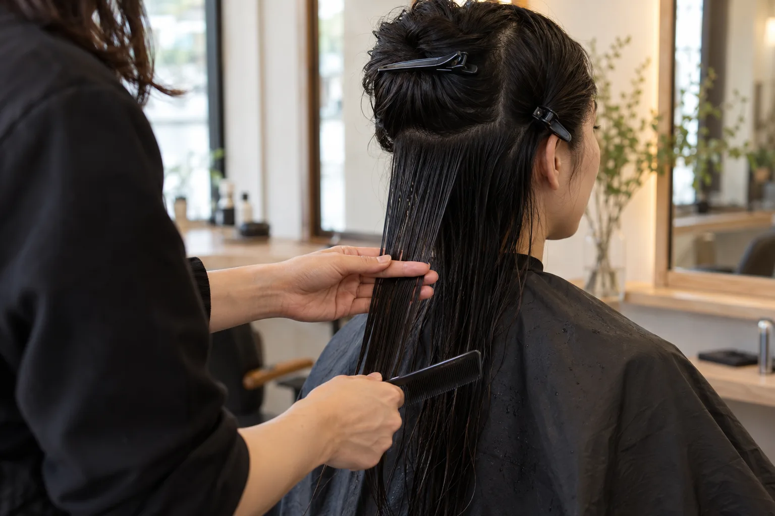 Una parrucchiera pettina una sezione umida di capelli lisci mentre il resto è fermato da mollette