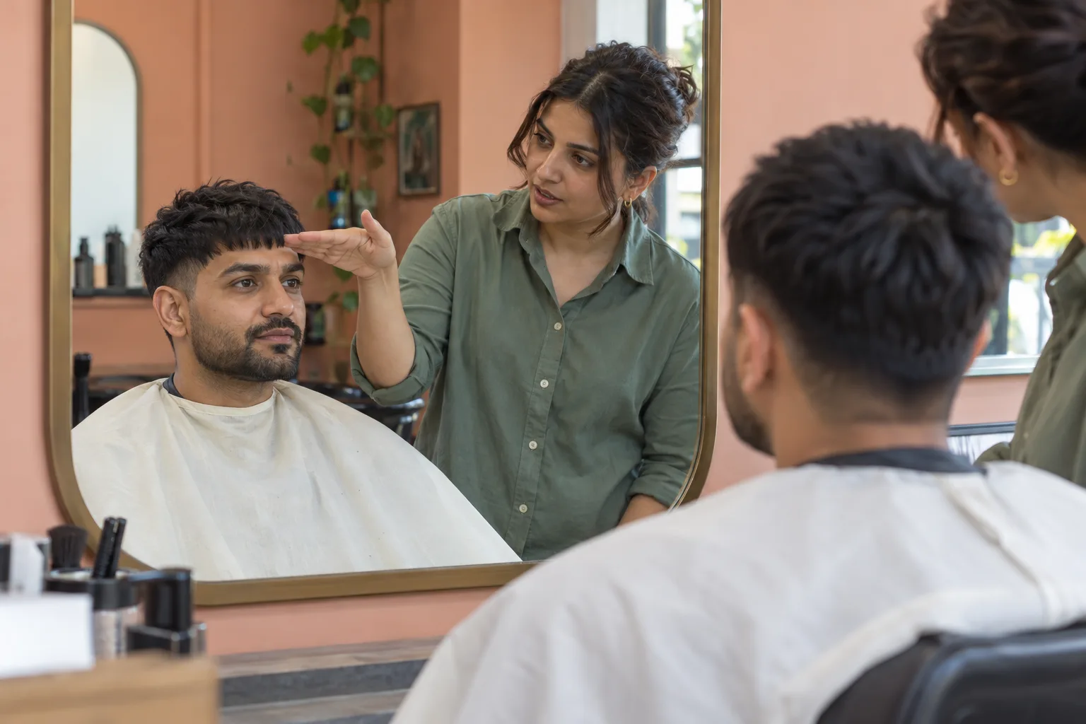 Barbera señalando el flequillo corto de un cliente adulto con capa clara durante una consulta ante el espejo