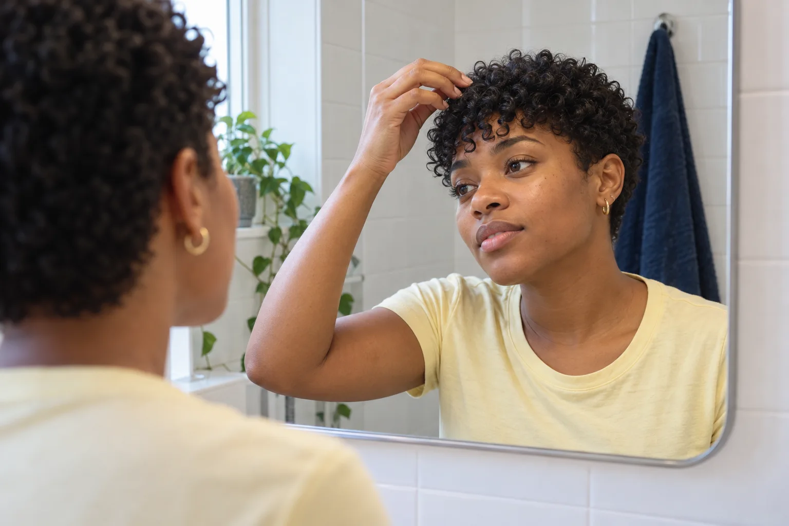 Mujer negra adulta acomodando los rizos delanteros de un corte compacto frente al espejo del baño