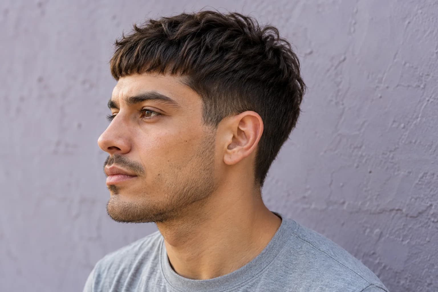 Hombre adulto de perfil con la parte superior texturizada hacia delante y pelo corto visible en la sien y junto a la oreja