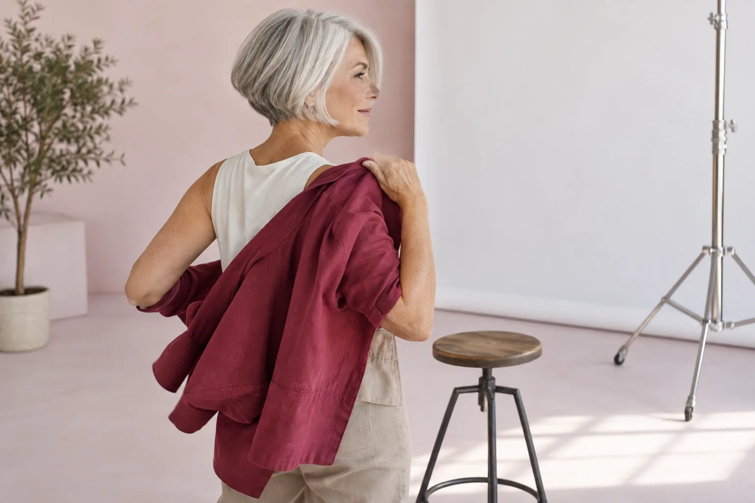 Adulta con un caschetto graduato argento che indossa una giacca color lampone in uno studio fotografico rosa chiaro, vista di lato e da dietro