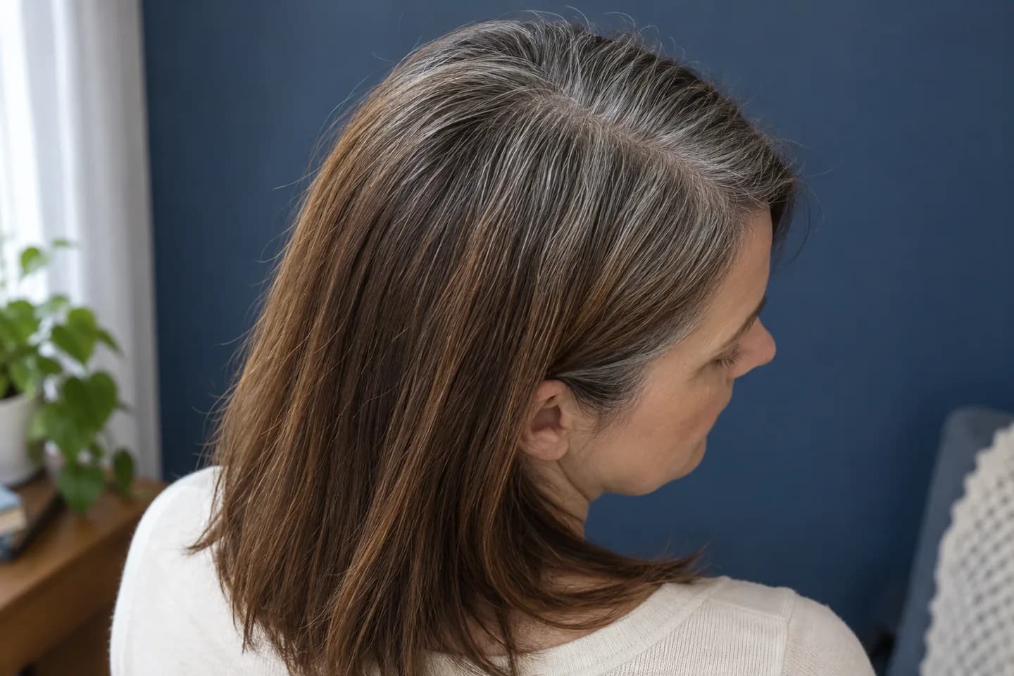 Rear three-quarter close view of mixed silver and brown regrowth meeting brown lengths beside an indigo wall