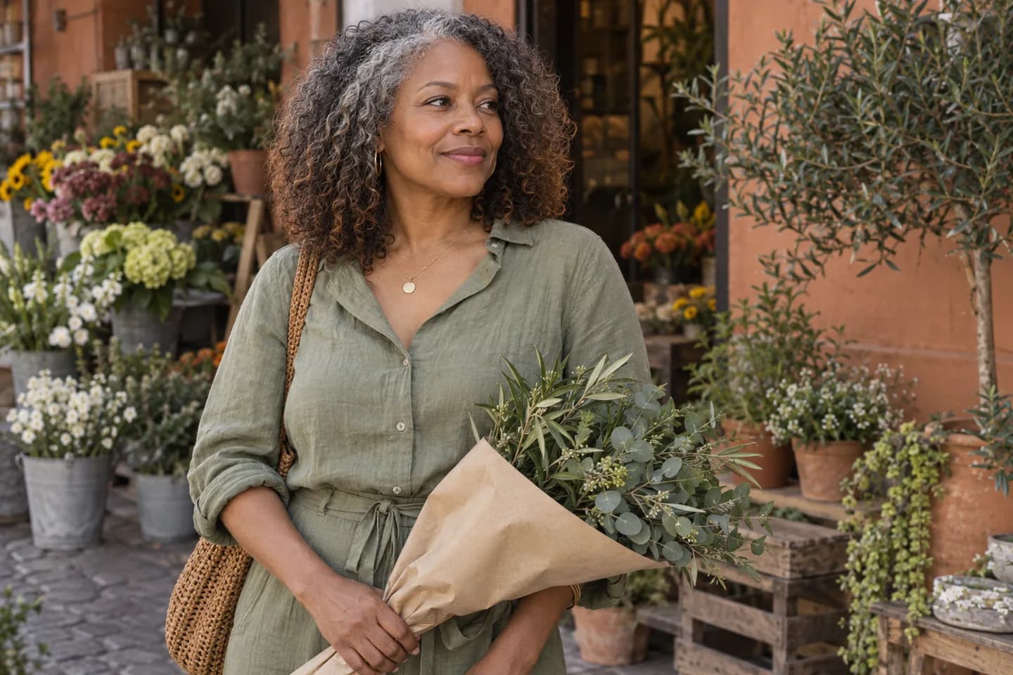 Adult woman with shoulder-length curls, natural gray upper lengths and brown ends holding greenery at a terracotta market