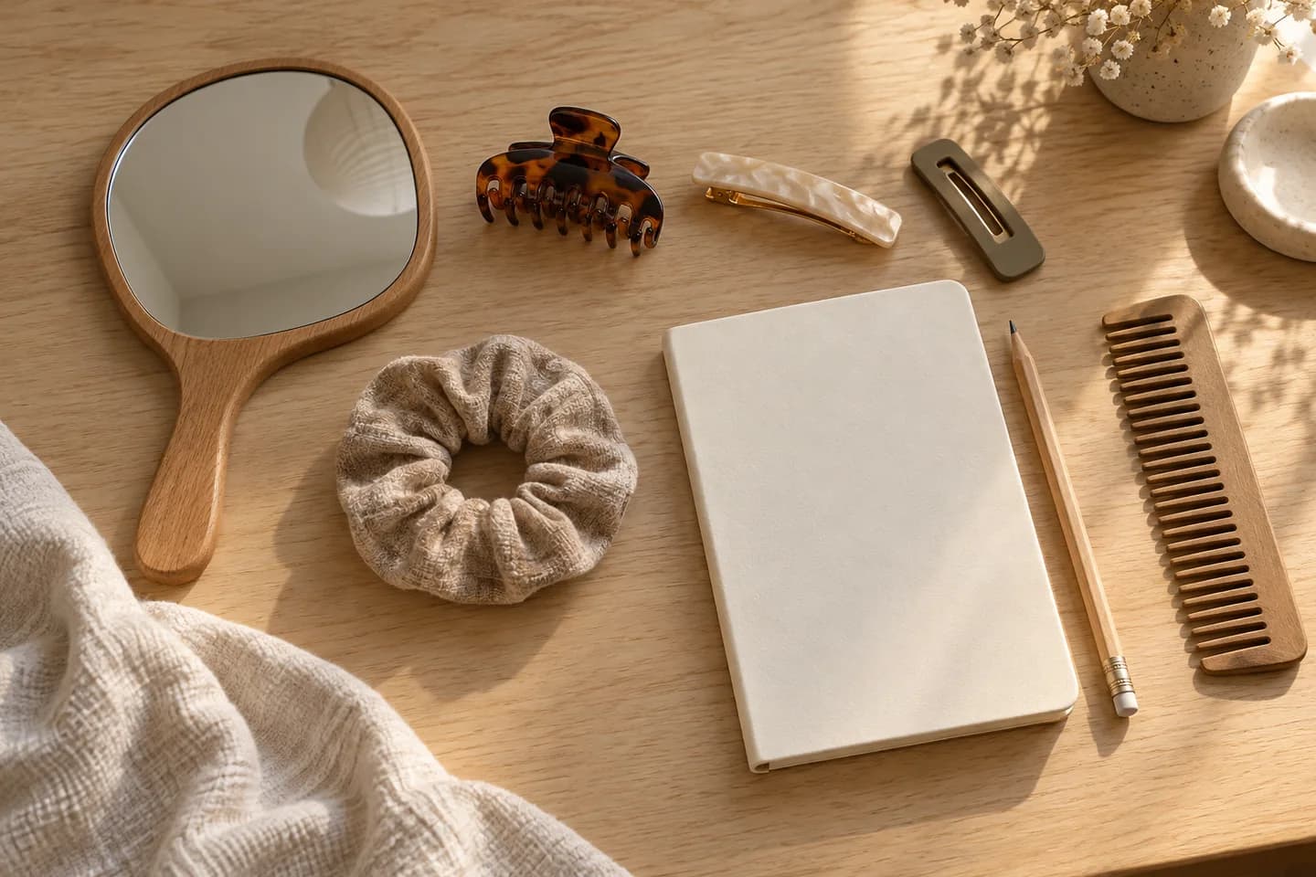 Hand mirror, clips, soft hair tie, comb and blank notebook arranged on a pale wooden desk