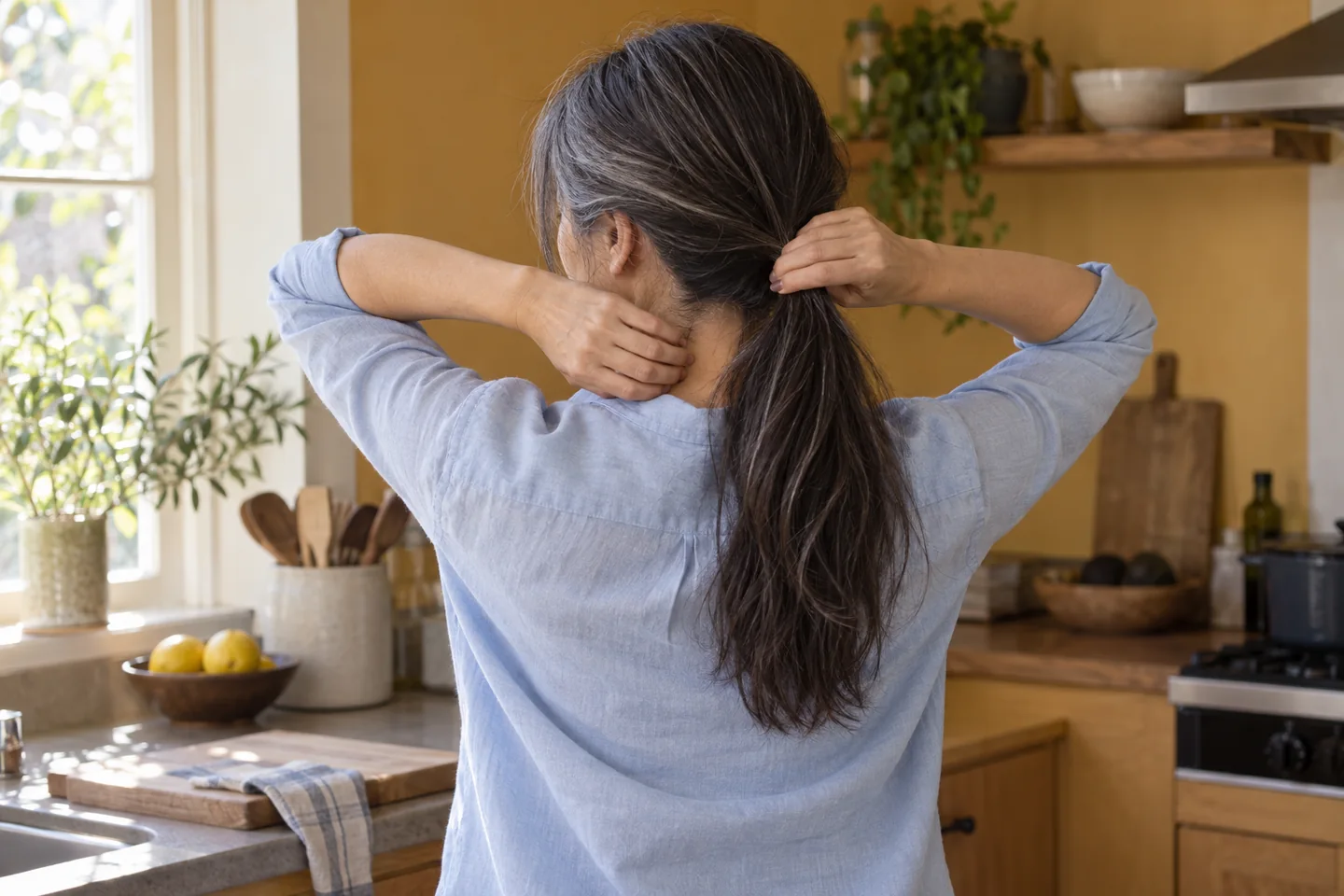 Adult woman with long dark and silver hair loosely gathering it at the nape in an ochre kitchen