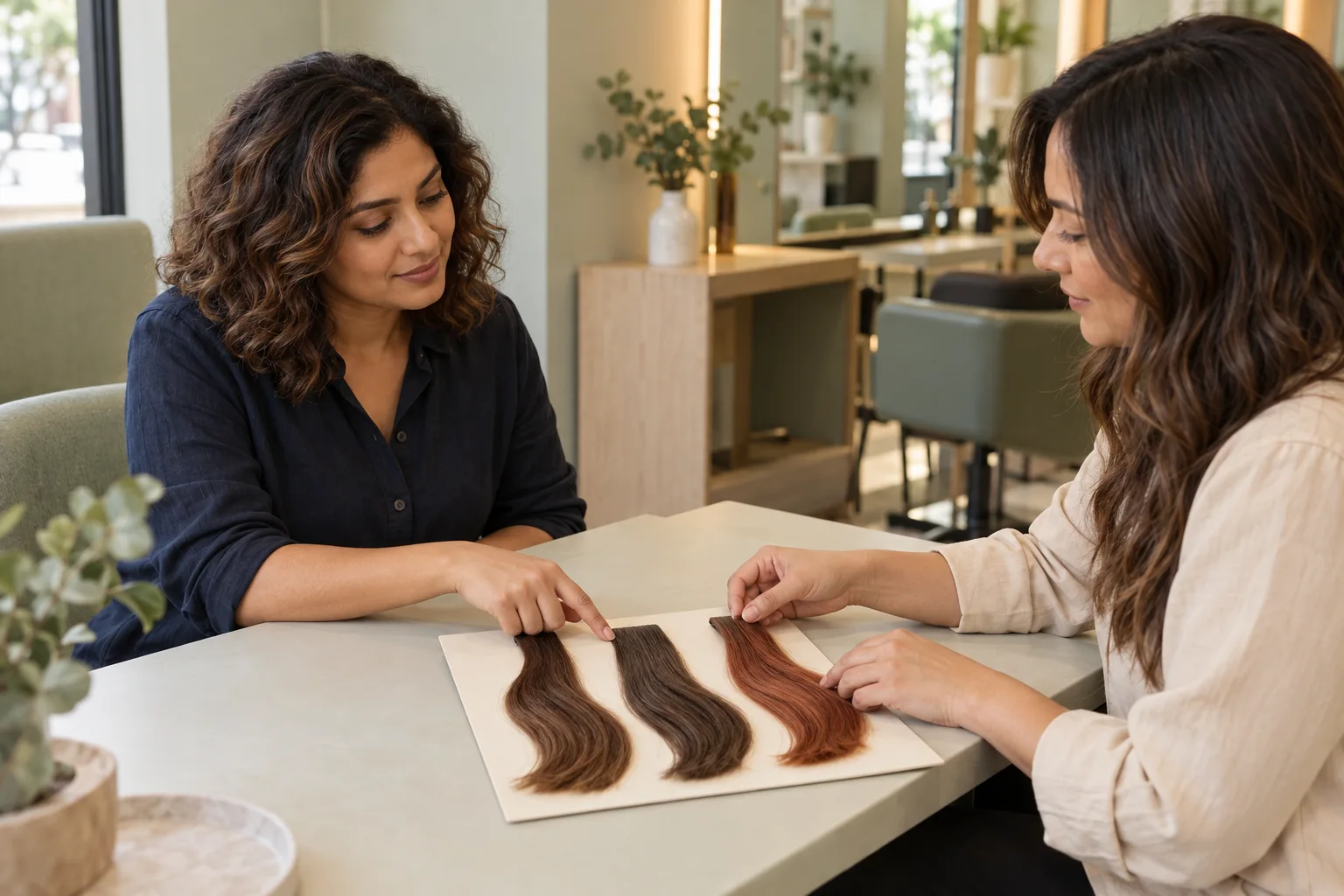 Erwachsene Kundin mit kastanienbraunen Locken bespricht drei unbeschriftete Haarfarbmuster mit einer Coloristin am Salontisch