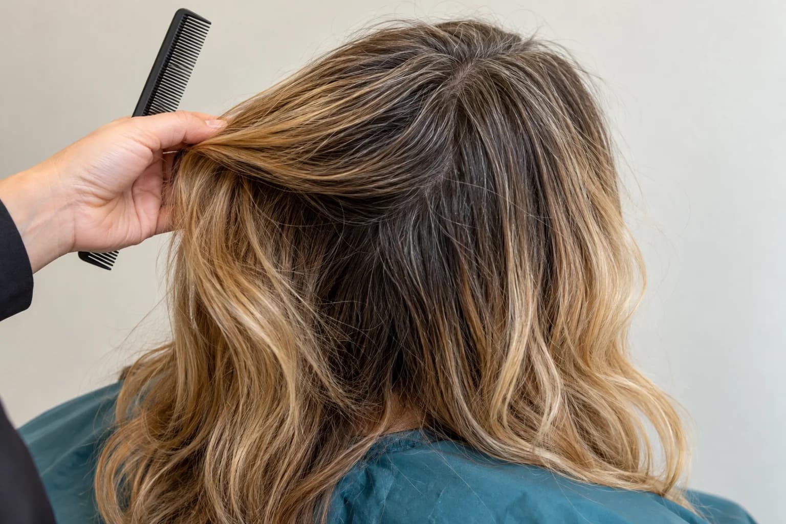 Eine Friseurhand trennt einen dunkleren Ansatz mit sichtbaren grauen Haaren von warmen goldenen Längen