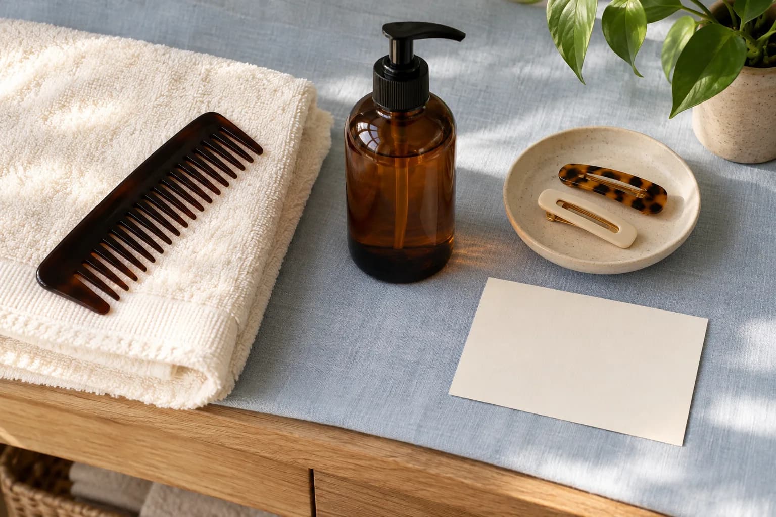 Helles Handtuch, dunkler grobzinkiger Kamm, unbeschriftete braune Flasche und Haarclips auf einer hellblauen Leinenablage