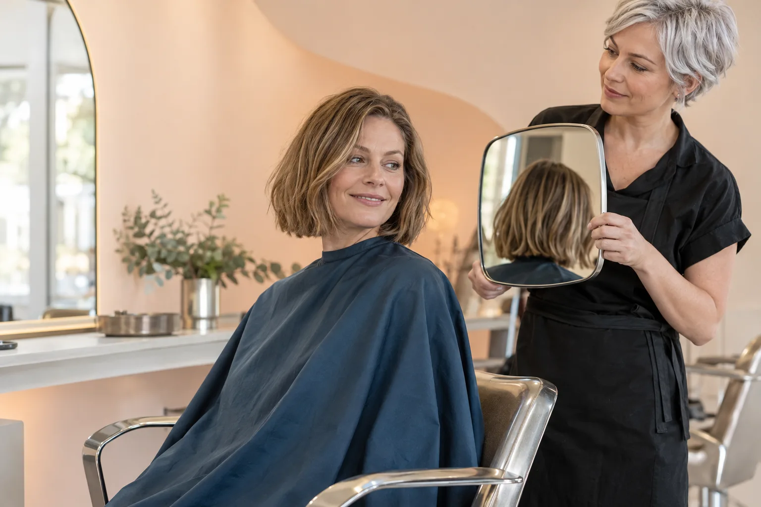 Erwachsene Frau mit trockenem dunkelblondem Bob betrachtet den Hinterkopf im Handspiegel einer Stylistin in einem apricotfarbenen Salon