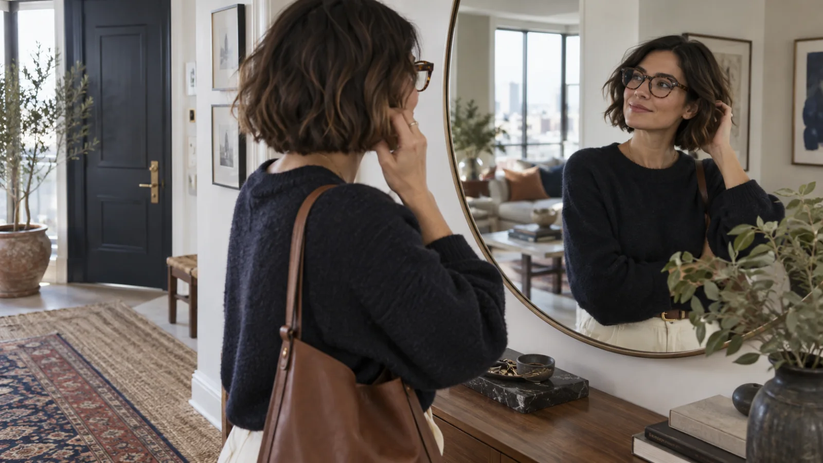 Adult wearing tortoiseshell glasses checking a textured jaw-length bob in an apartment mirror