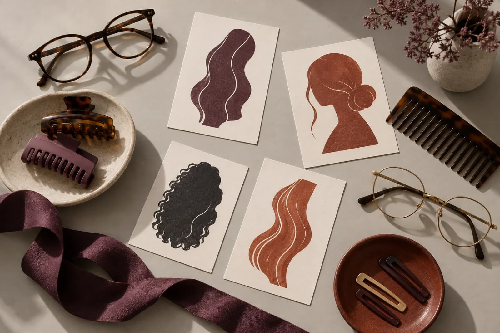 Eyeglasses, hair clips, comb and abstract haircut cards arranged for planning
