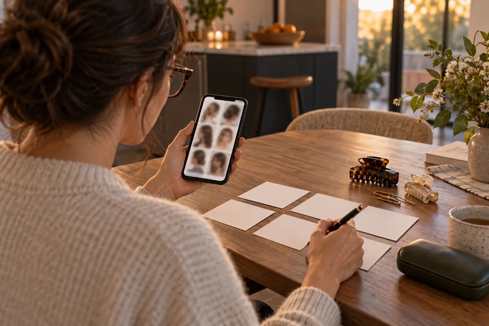 Glasses wearer building a hairstyle shortlist from visual previews at a kitchen table