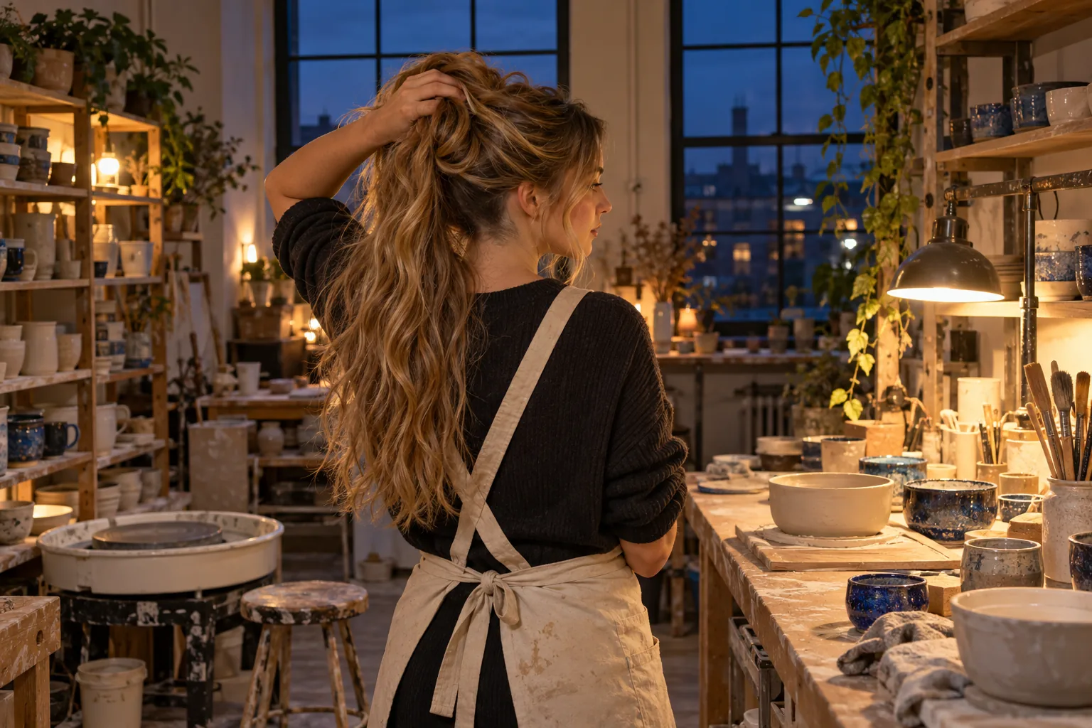 Adult with long blonde waves lifts the upper hair to reveal a small low nape undercut in a ceramics workshop
