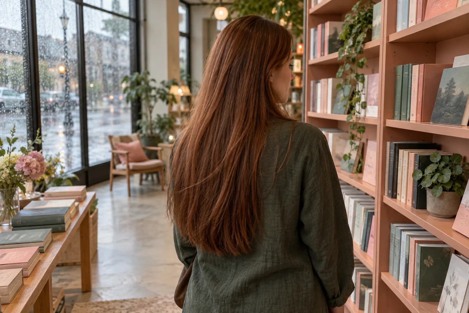 Adult with long auburn hair worn down turns toward bookshelves in a softly lit bookshop