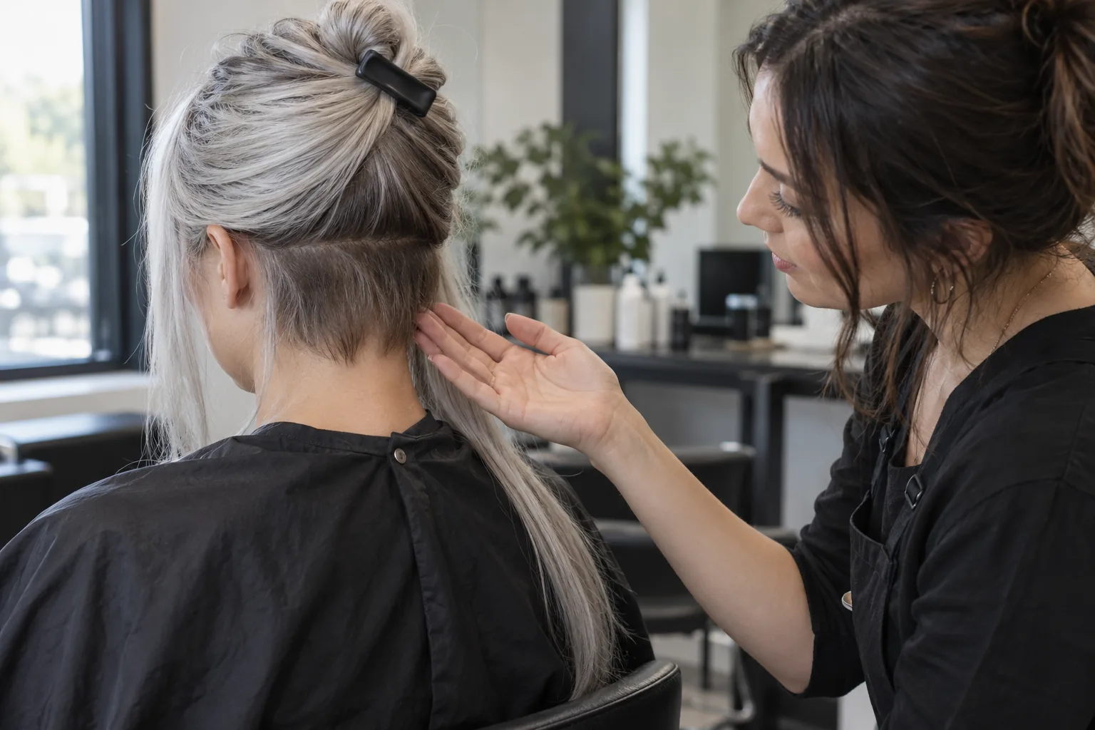 Stylist assesses short nape regrowth beneath clipped-up long silver hair during a consultation