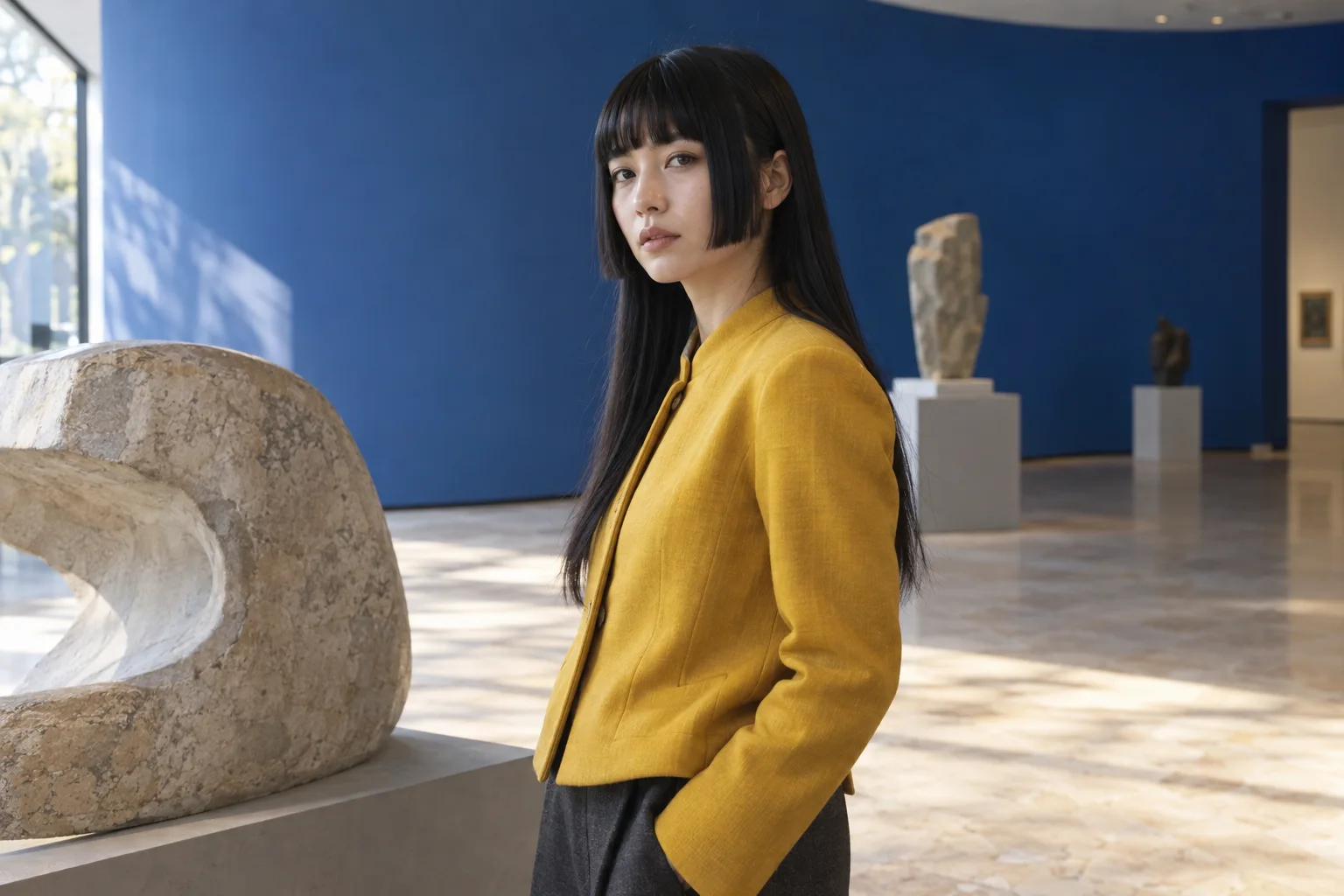 Adult Japanese woman with long black hair, blunt cheek-length hime panels and a straight fringe wearing a yellow jacket in a blue sculpture gallery