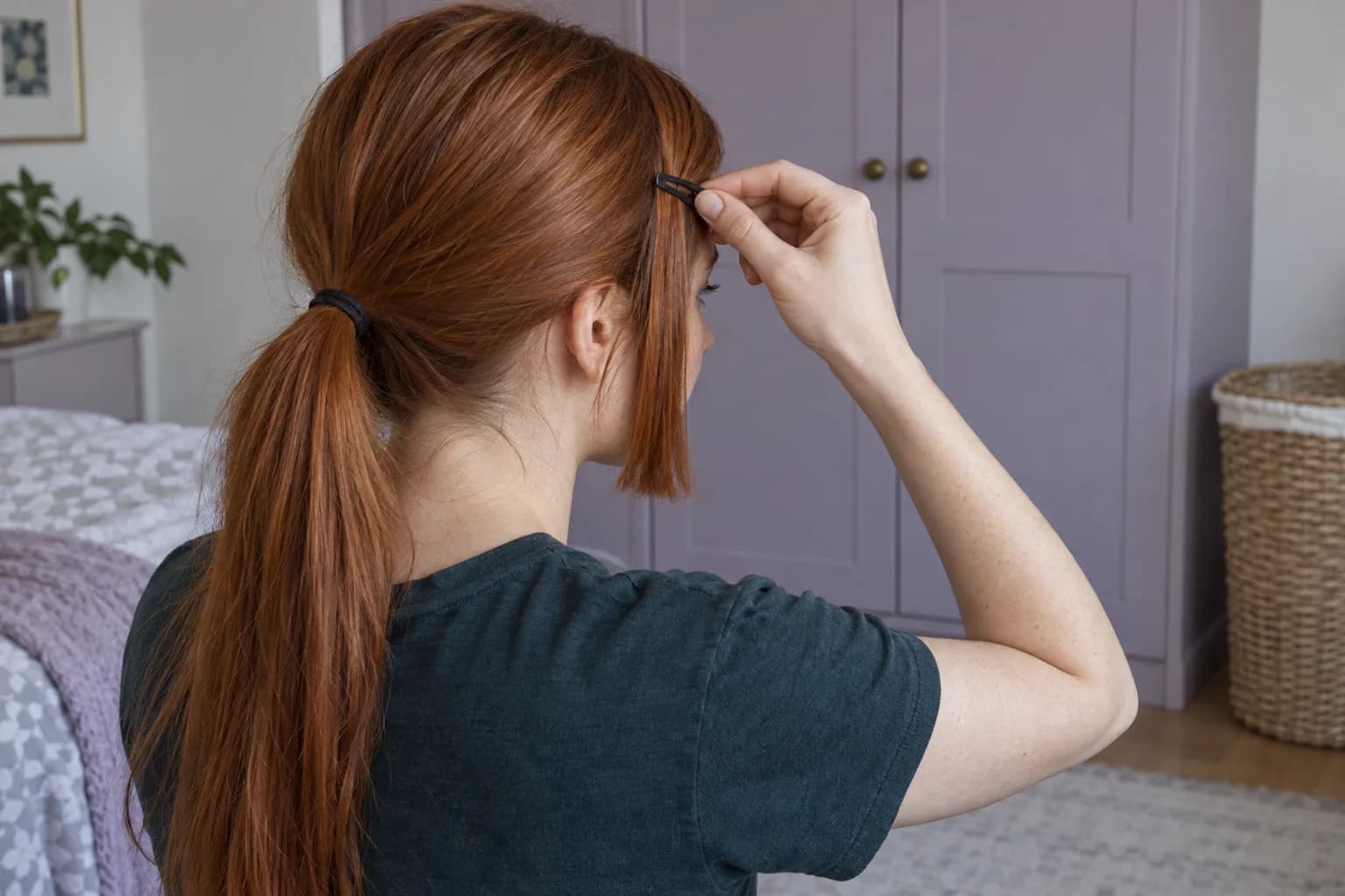 Adult copper-haired woman wearing a low ponytail and attaching a small black clip to a shorter front section in a lavender bedroom