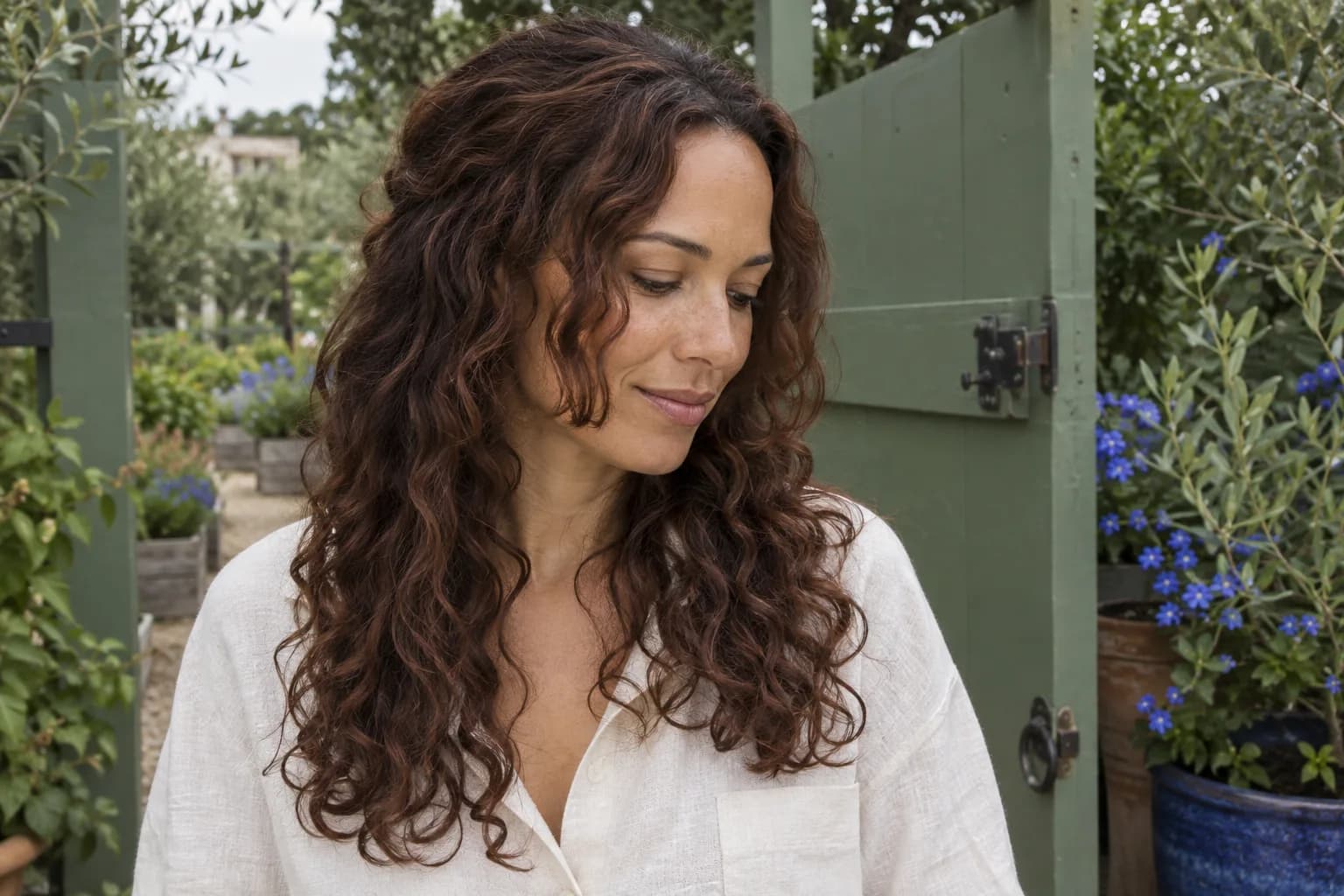 Adult woman with auburn waves and disconnected shorter front sections beside a green garden gate