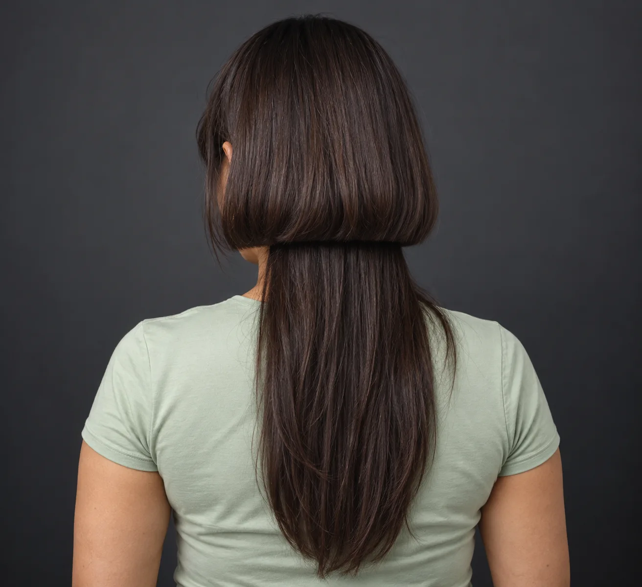 Vista de trás do cabelo escuro de uma mulher adulta com contorno curto arredondado e parte inferior bem mais longa