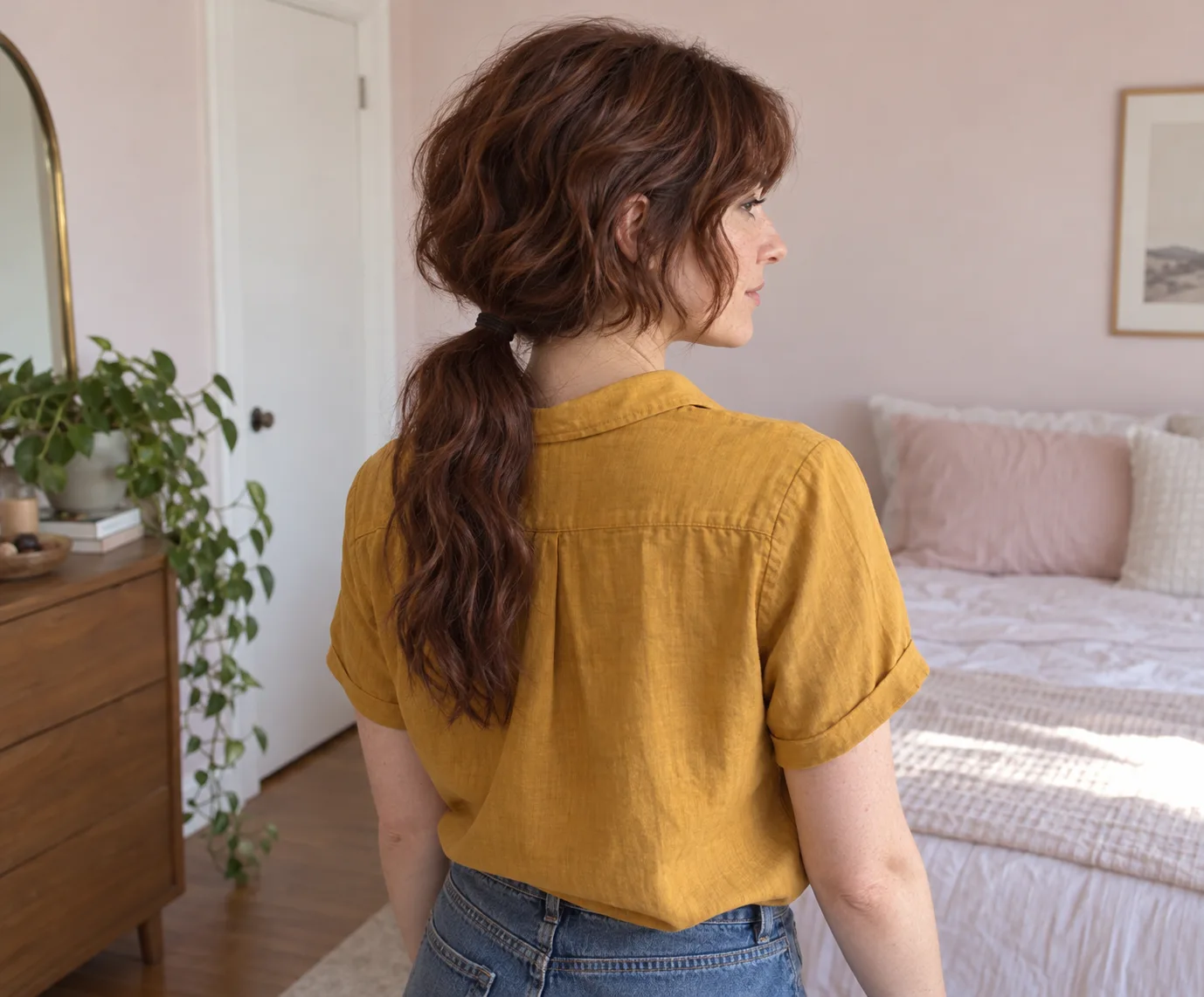 Mulher adulta com parte superior curta e ondulada solta e apenas o comprimento inferior preso em rabo baixo