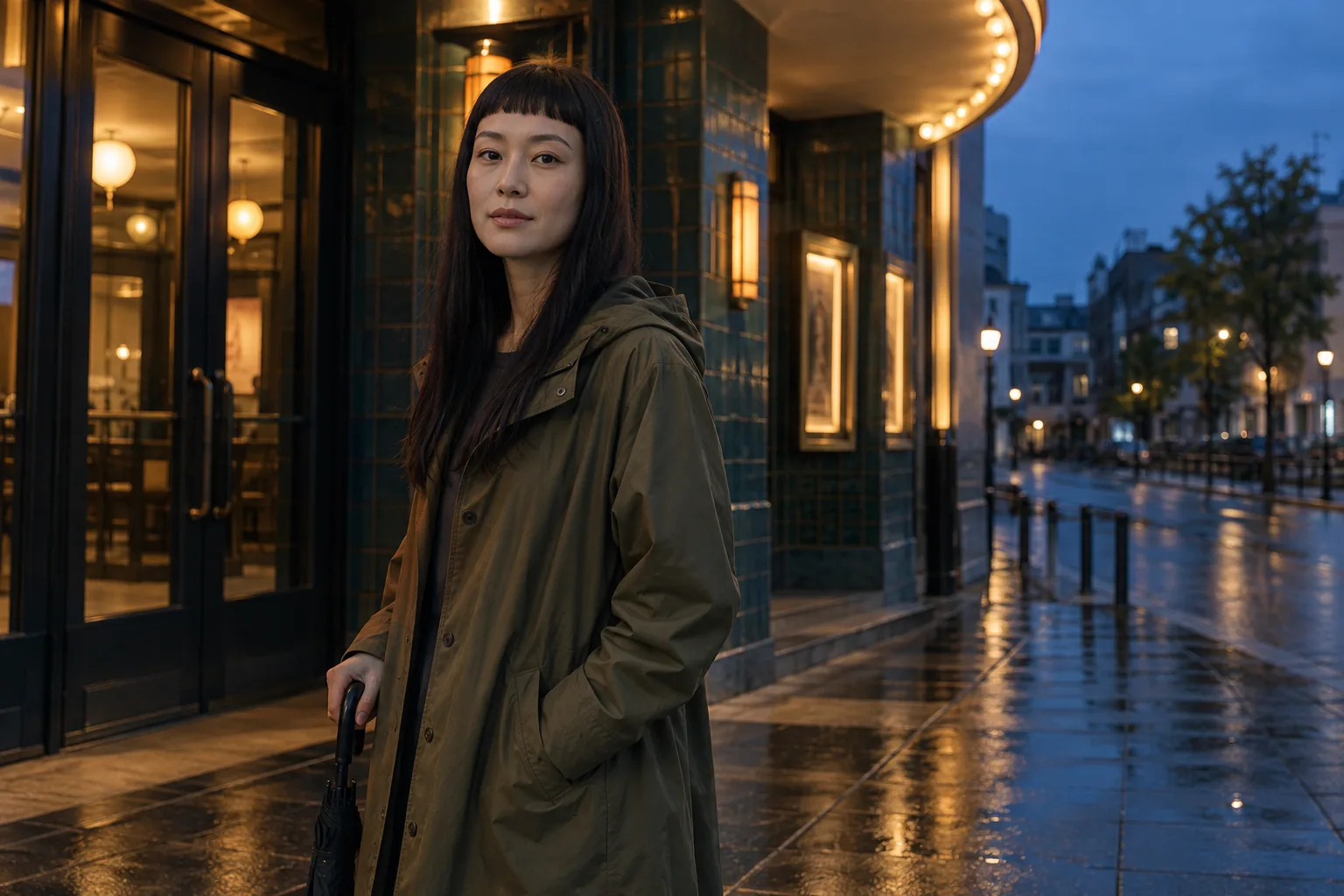 長い黒髪と眉より短い前髪の成人女性が、夕暮れの映画館前で閉じた傘を持っている
