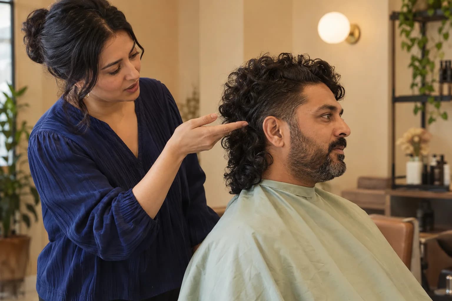 Profissional conversa sobre a transição atrás da orelha de um mullet cacheado com homem adulto usando capa verde-clara