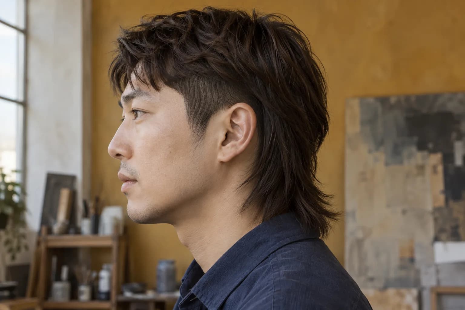 Homem adulto do leste asiático com mullet liso escuro, lateral curta na tesoura e cabelo mais longo na nuca