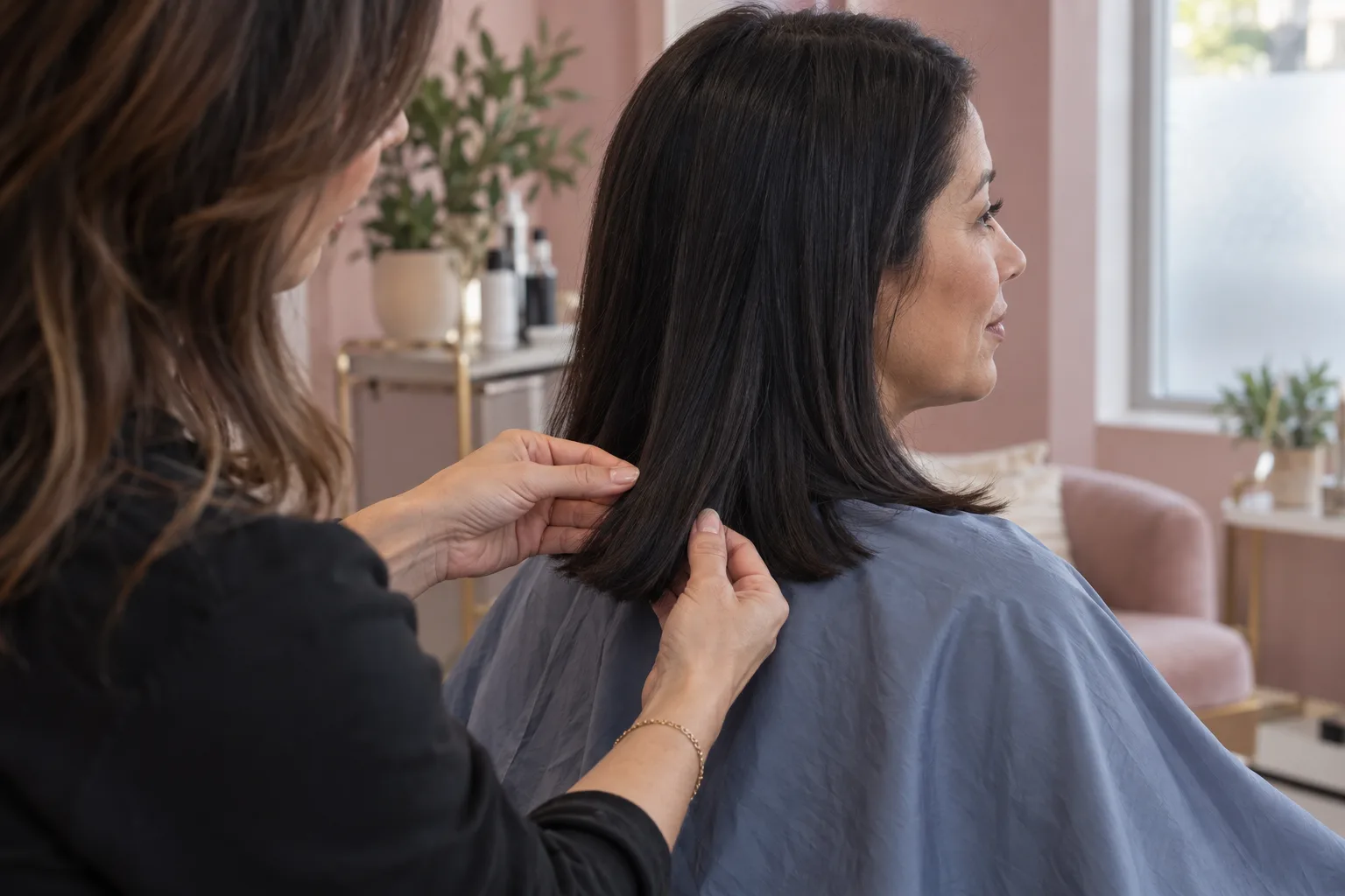 Coiffeuse montrant une section basse des cheveux noirs d’une cliente adulte au-dessus d’une cape bleue dans un salon rose