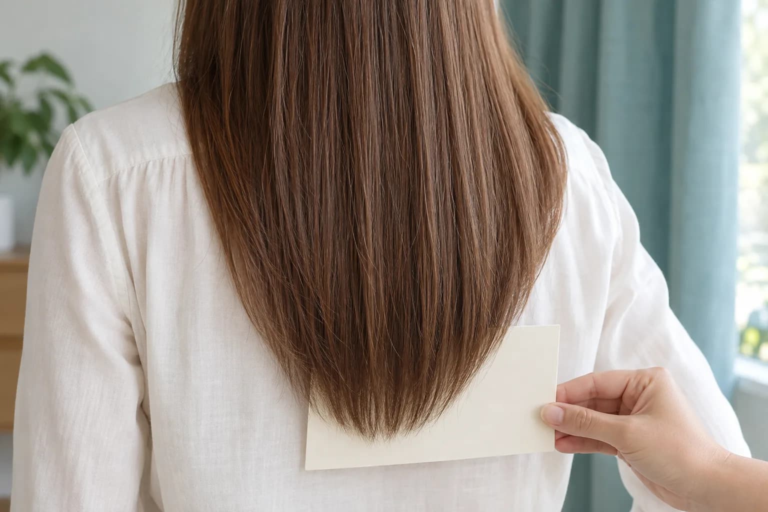 Cheveux châtains longs d’une femme adulte devant une carte claire qui rend visible leur contour doucement effilé